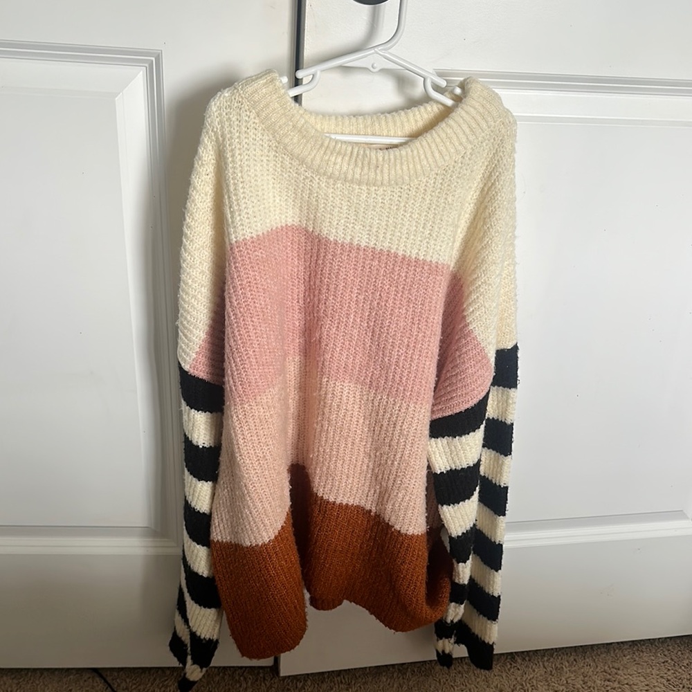 Urban Outfitters Cream and Pink Crew Neck Sweater